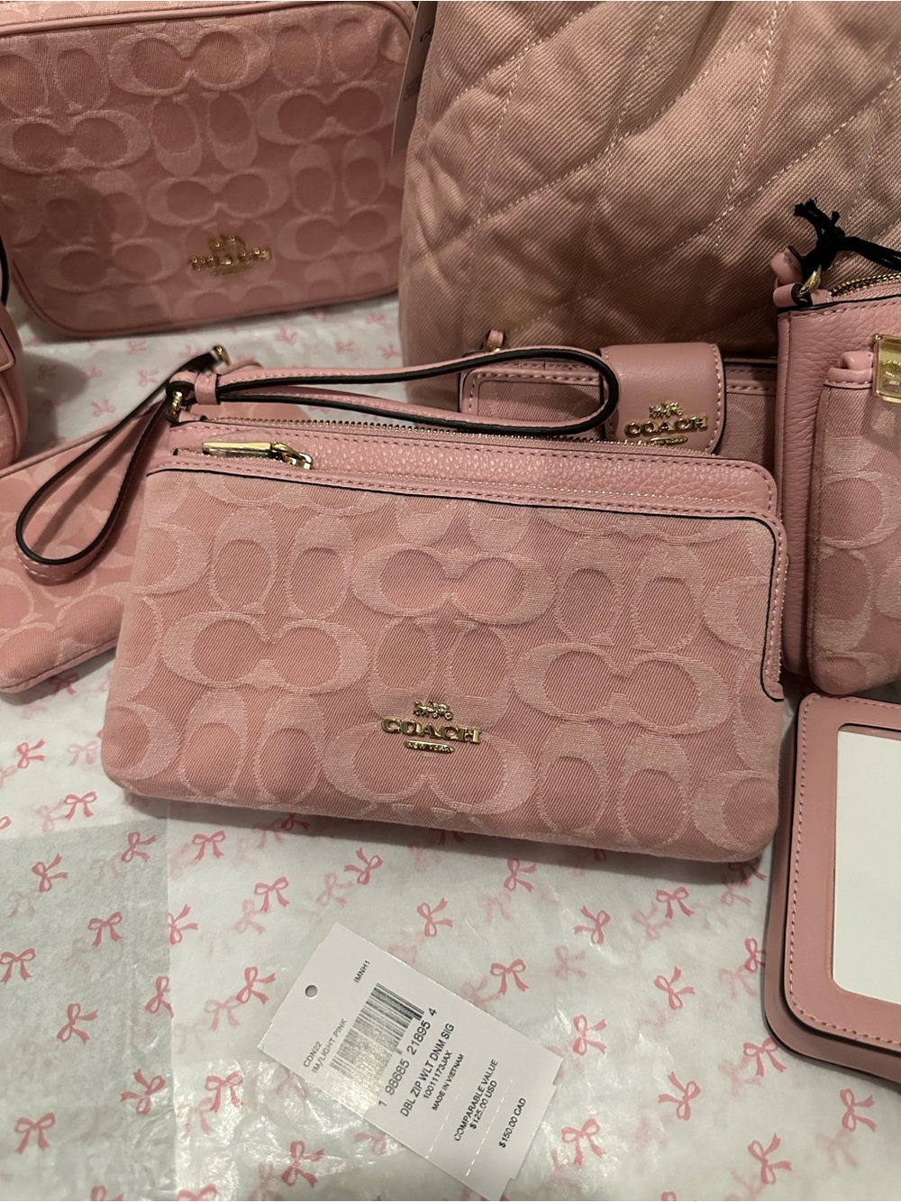 NWT Coach CDN22 Double Zip Wallet In Signature Denim Gold/Light Pink
